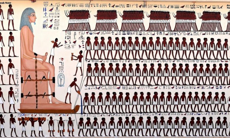 An artists recreation of the scene depicted inside the tomb of Djehutihotep . Image Credit: Wikimedia Commons / CC BY-SA 4.0.