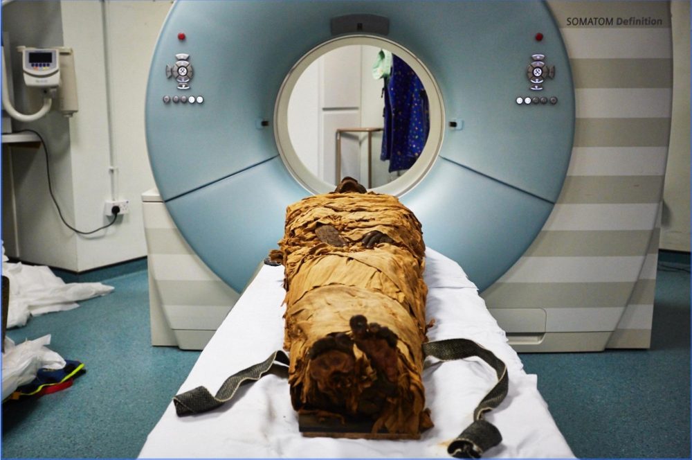 An image of Nesyamun's mummified body before a CT scan. Image Credit: Leeds Teaching Hospitals/Leeds Museums and Galleries.