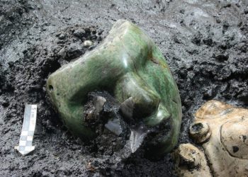 An image of the green serpentine mask discovered at the base of the Pyramid of the Sun in Teotihuacan. Image Credit: INAH.