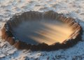 An artists rendering of an impact crater covered in ice. Shutterstock.
