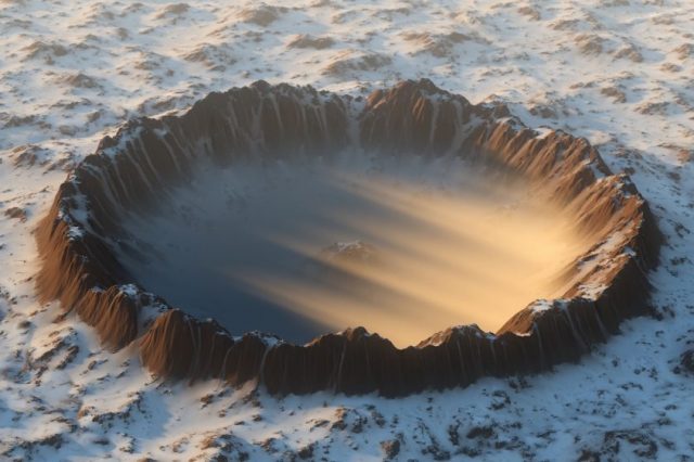 An artists rendering of an impact crater covered in ice. Shutterstock.