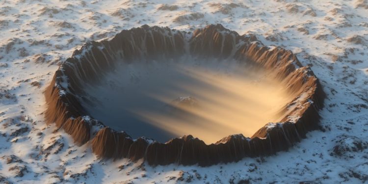 An artists rendering of an impact crater covered in ice. Shutterstock.