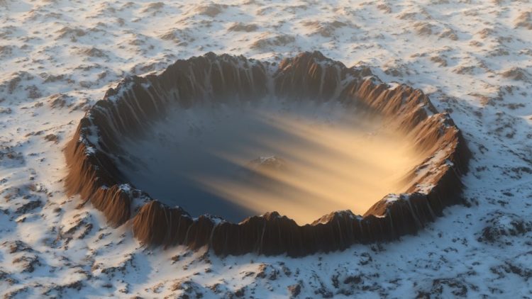 An artists rendering of an impact crater covered in ice. Shutterstock.