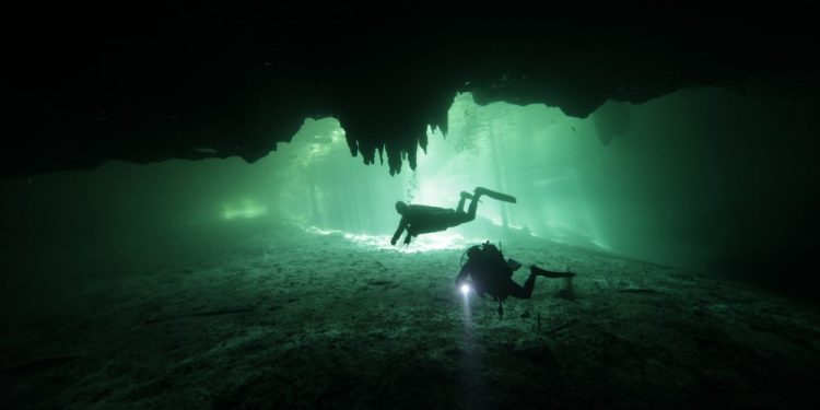 An image of Divers in the cenote Dreams Gate at Playa del Carmen in Mexico. Shutterstock.