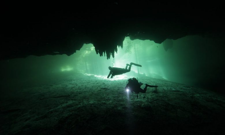 An image of Divers in the cenote Dreams Gate at Playa del Carmen in Mexico. Shutterstock.