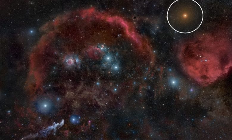 An image showing Betelgeuse (upper right) and the dense nebulae of the Orion Molecular Cloud Complex. Image Credit: Wikimedia Commons / CC BY-SA 3.0.