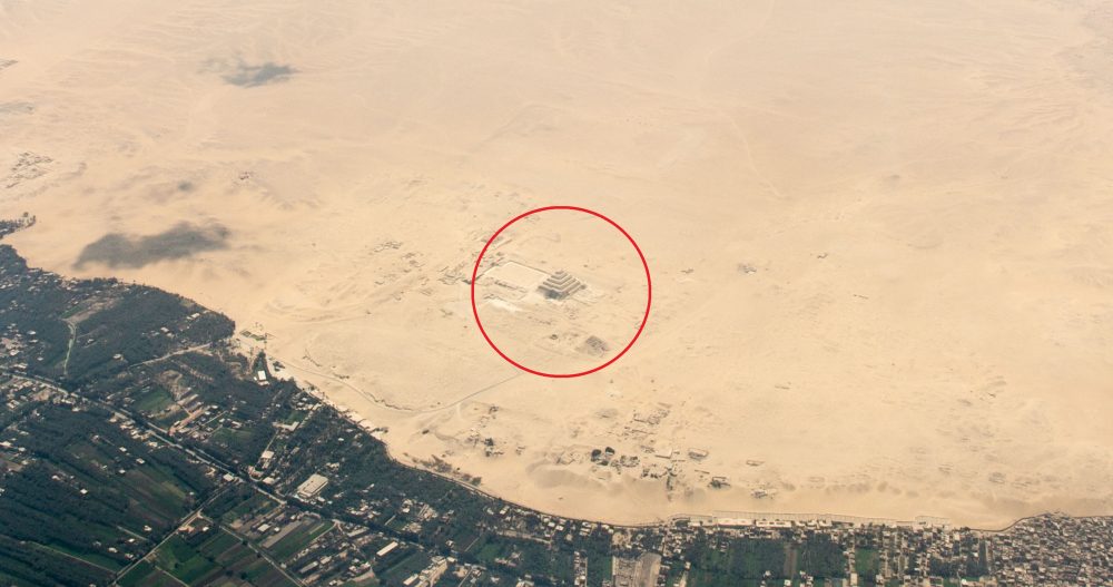 An aerial image of the Saqqara necropolis and the Step Pyramid of Djoser. Shutterstock.