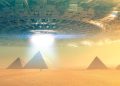 An artists rendering of a massive spaceships hovering above the ancient Egyptian pyramids at Giza. Shutterstock.