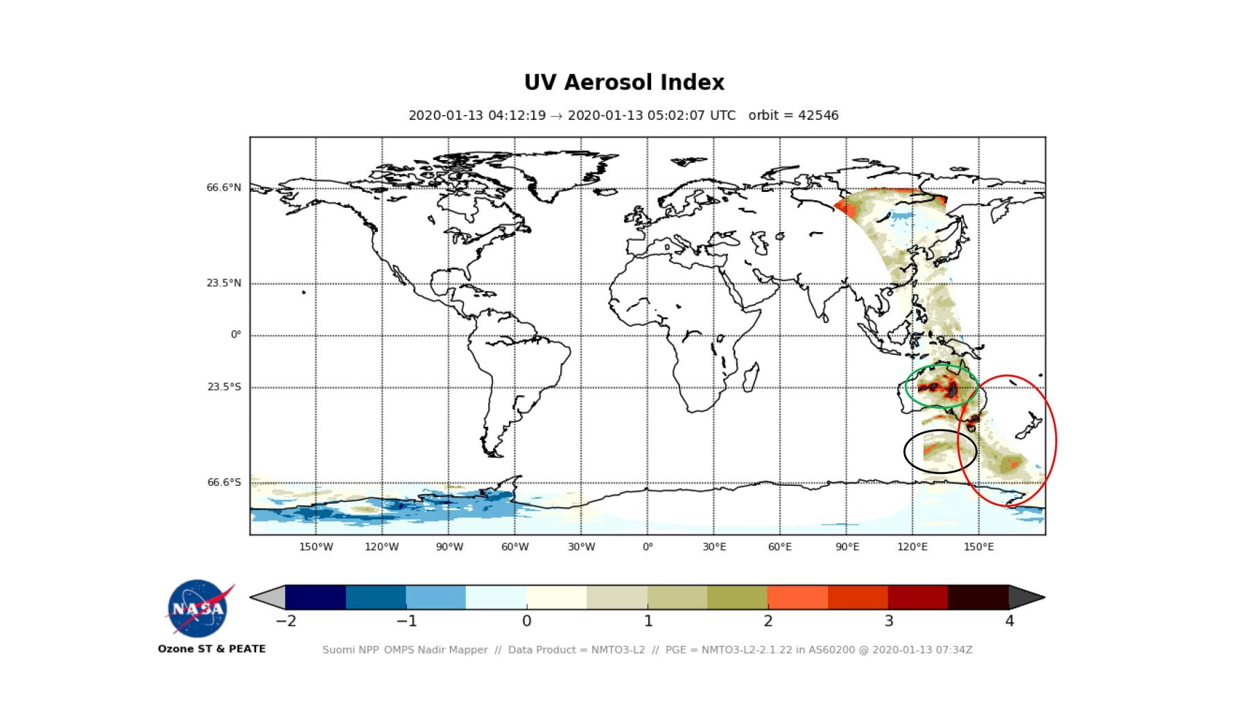 An image of the UV aerosol index from the SUOMI NPP Satellite showing that the smoke from Australian fires has made its way around the world. Image Credit: NASA/Colin Seftor.