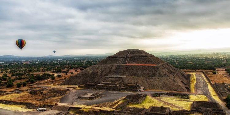 An aerial view of the Pyramid of the Sun at Teotihuacan in Mexico. Shutterstock.