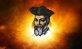 An artists rendering of Nostradamus on a background of the Earth and the cosmos. Shutterstock.