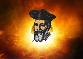 An artists rendering of Nostradamus on a background of the Earth and the cosmos. Shutterstock.