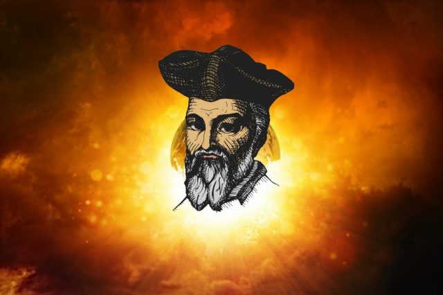 An artists rendering of Nostradamus on a background of the Earth and the cosmos. Shutterstock.