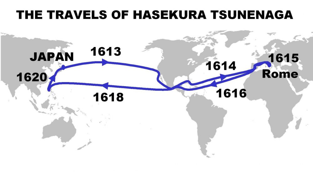 Itinerary and dates of the travels of Hasekura Tsunenaga. Image Credit: Wikimedia Commons / Public Domain.