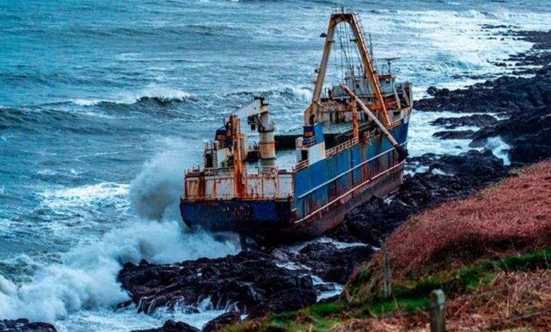 An image of the 77-meter-long cargo vessel the MV Alta, snagged on the rocks of the Irish Coast. Irish Times / Irish Coast Guard.