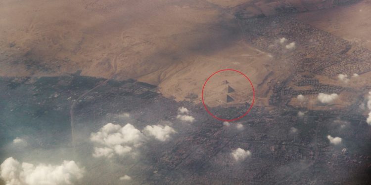 A view of the Giza pyramids from the air. Shutterstock.