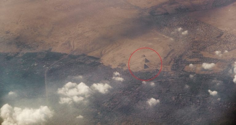 A view of the Giza pyramids from the air. Shutterstock.