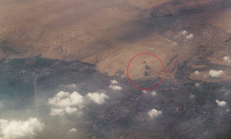 A view of the Giza pyramids from the air. Shutterstock.