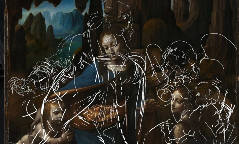 The Virgin of the Rocks by Leonardo Da Vinci and the underdrawings found by a new algorithm. Image Credit: The National Gallery, London / Imperial College.