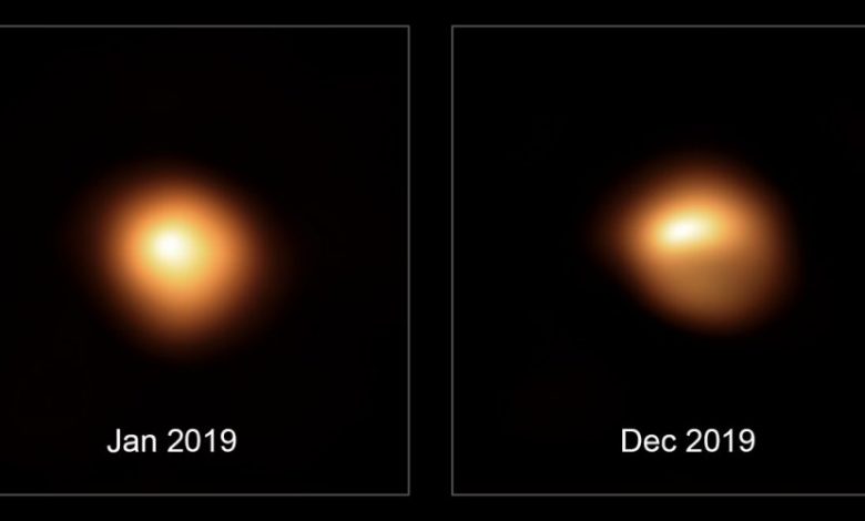 This comparison image shows the star Betelgeuse before and after its unprecedented dimming. Image Credit: ESO/M. Montargès et al.