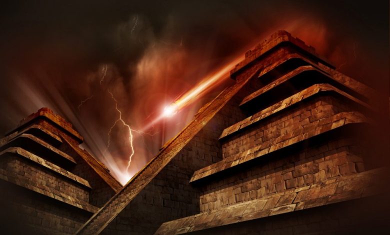 An artist's rendering showing a comet impact near ancient temples. Shutterstock.