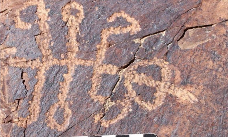 An image of the ancient rock art carving showing a creature interpreted by experts as being half man half mantis. Image Credit: Mohammad Naserifard.