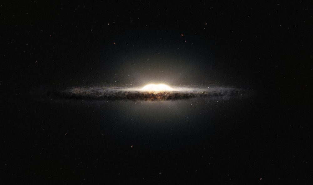 Seen here is an artist’s impression of how the Milky Way galaxy would look seen from almost edge on and from a very different perspective than we get from the Earth. Image Credit: Wikimedia Commons.