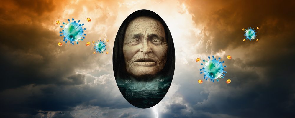 An artists rendering of Baba Vanga and COVID-19 elements. Shutterstock.