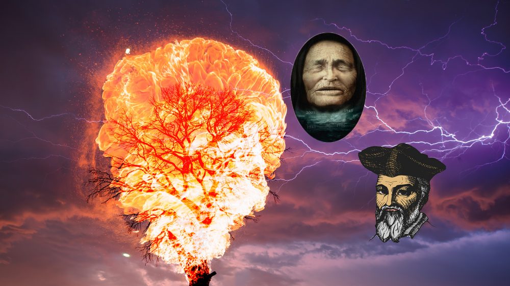 An artists rendering of a lighting background with a burning tree and the illustrations of Baba Vanga and Nostradamus. Shutterstock / Curiosmos.
