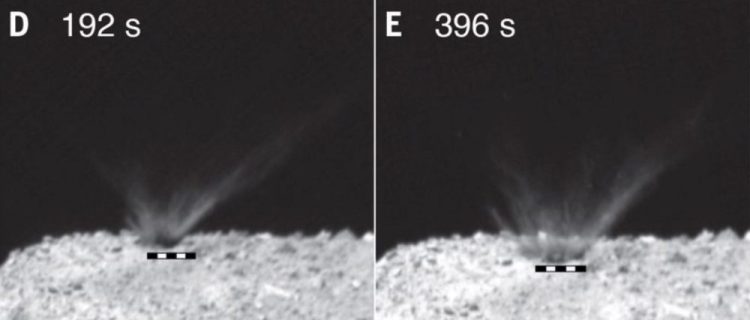 A sequence of images photographed by the Hayabusa2 spacecraft showing the SCI impacting the surface of asteroid Ryugu. Image Credit: JAXA.