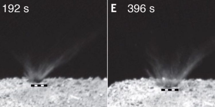 A sequence of images photographed by the Hayabusa2 spacecraft showing the SCI impacting the surface of asteroid Ryugu. Image Credit: JAXA.