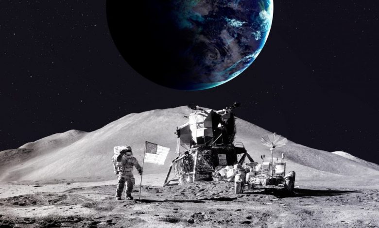 An image of a NASA Astronaut on the Moon's surface with the Earth in the background. Shutterstock.