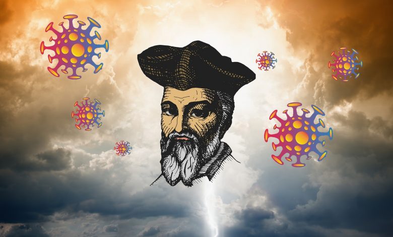 Artists illustration showing Nostradamus and the virus particles on a background. Shutterstock.