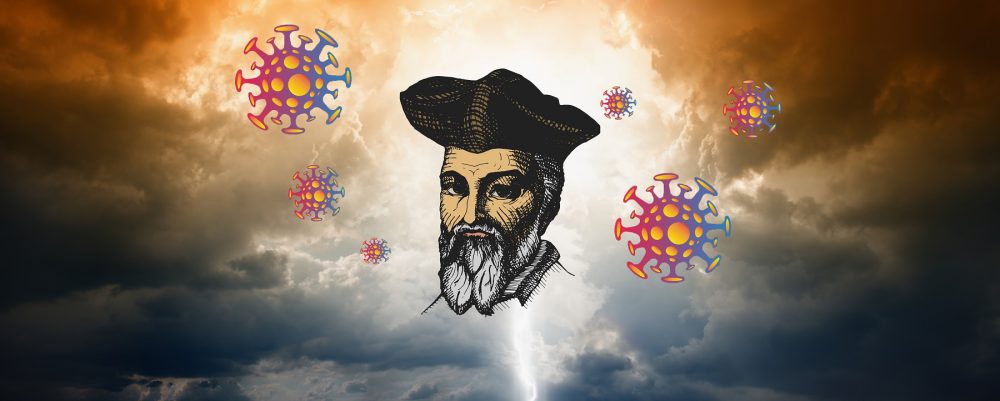 Artists illustration showing Nostradamus and the virus particles on a background. Shutterstock.