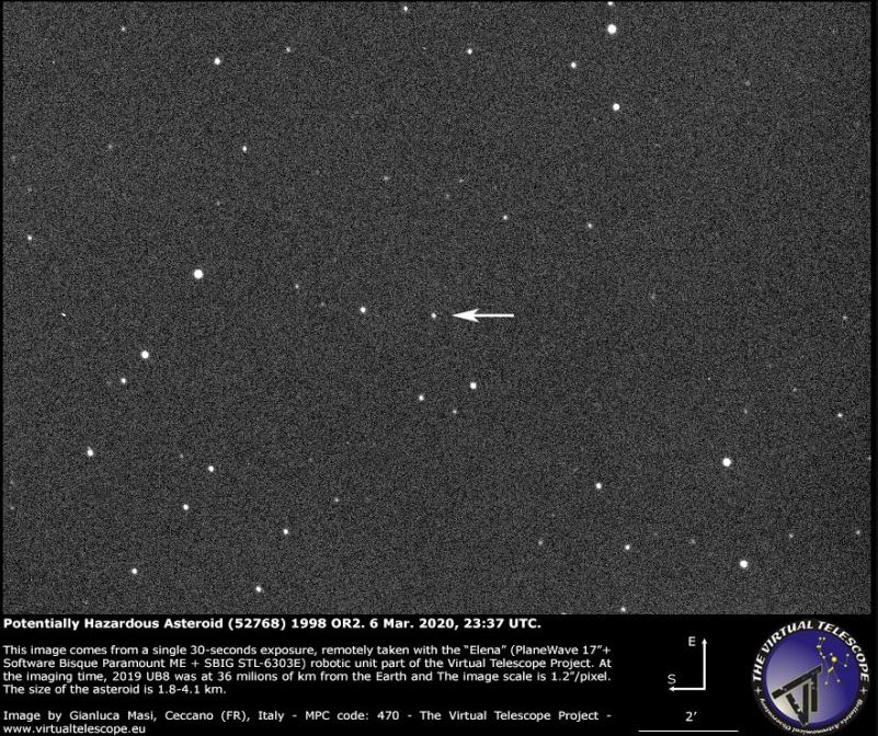 An image of the potentially hazardous asteroid (52768) 1998 OR2. This image was taken on March 6, 2020. Image Credit: Gianluca Masi/ Virtual Telescope Project.
