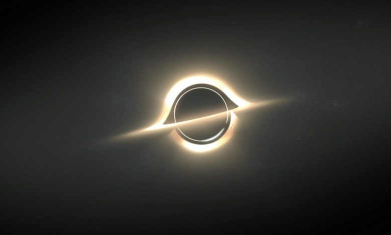A 3D Illustration of a black hole. Light and gas rotate on the accretion disk. Light flashes and glow around a black hole. Shutterstock.