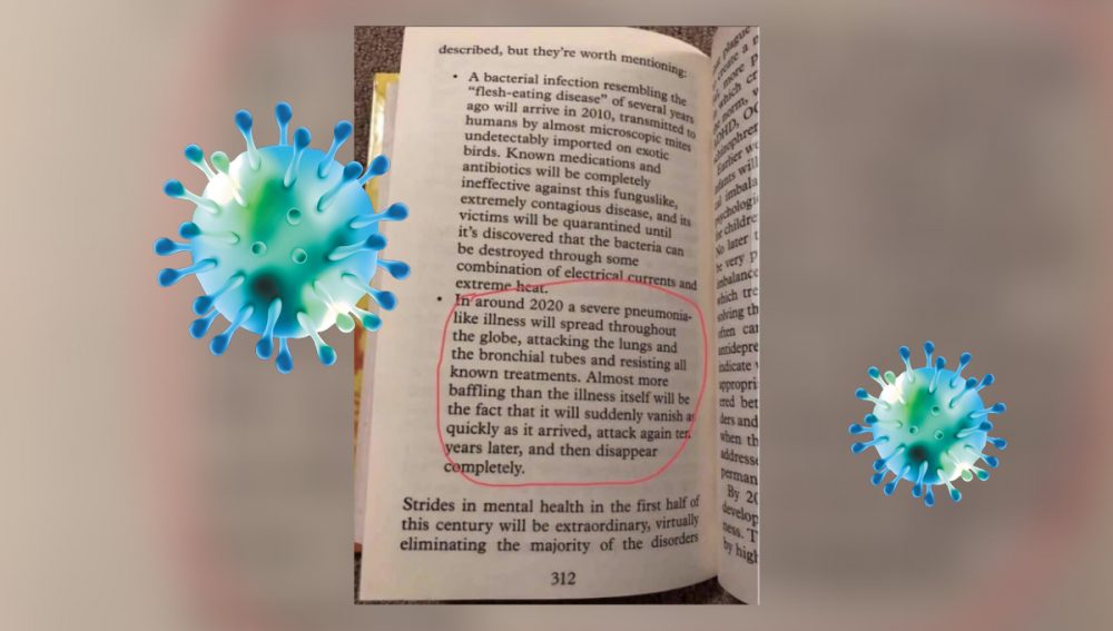 A screenshot form Sylvia Browne's Book the End of Days where the author supposedly predicted the outbreak of the COVID-19 Coronavirus. Elements in this image: Curiosmos / Shutterstock.