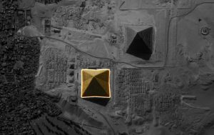 An erial view of the Giza pyramids and the eight sides of Khufu's Great Pyramid.