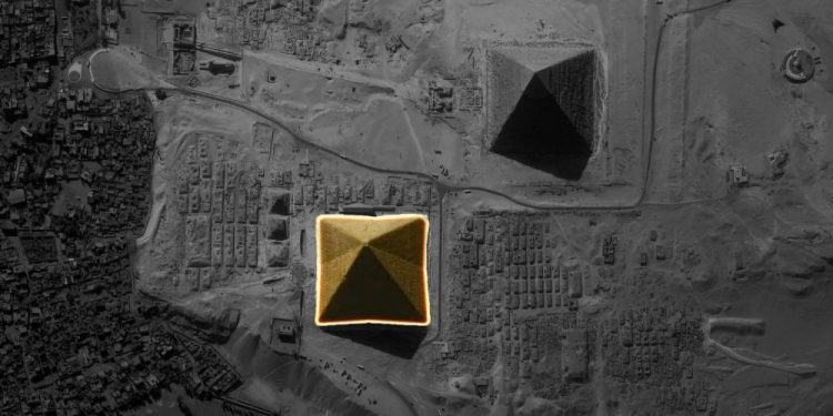 An erial view of the Giza pyramids and the eight sides of Khufu's Great Pyramid.