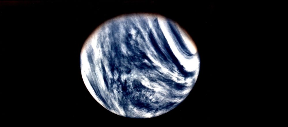 A global View of Venus in ultraviolet light as seen by Mariner 10. Image Credit Wikimedia Commons Public Domain.