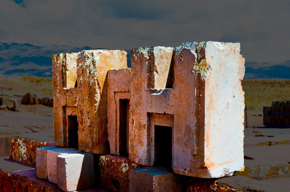 A close-up image of the h-blocks at Puma Punku. Shutterstock.