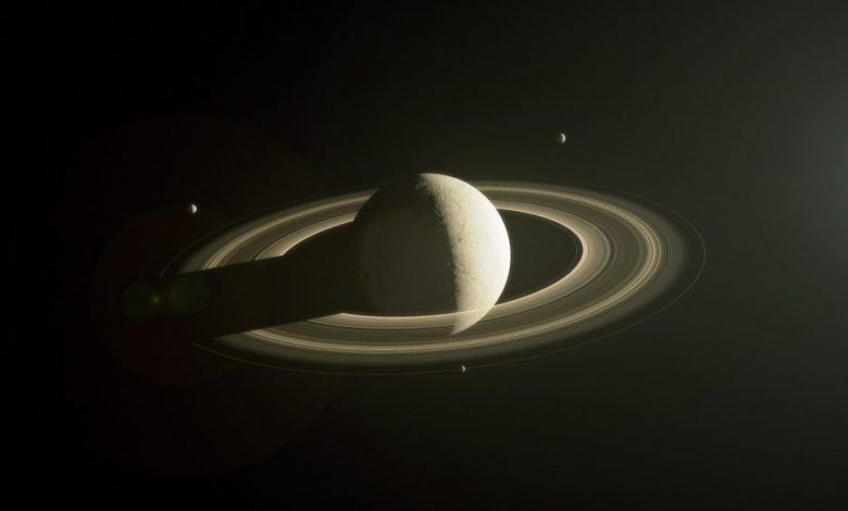 An artist's rendering of a distant exoplanet surrounded by a ring system. Shutterstock.