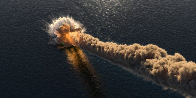 An artist's rendering of a meteorite falling into the ocean. Shutterstock.