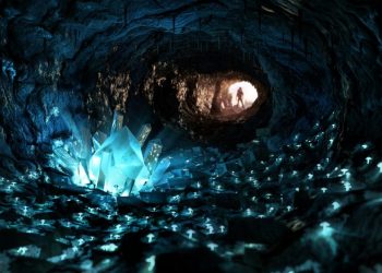 An artists rendering of unique crystals inside a cave. Shutterstock.