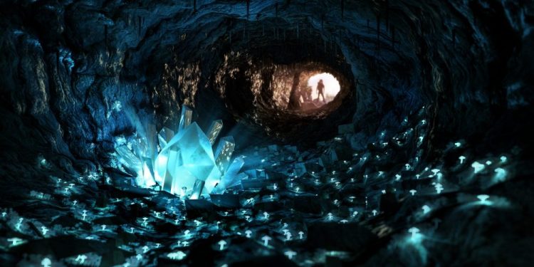 An artists rendering of unique crystals inside a cave. Shutterstock.