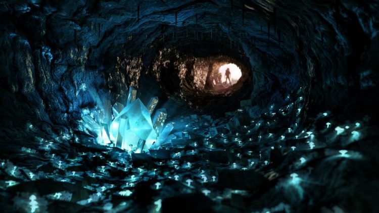 An artists rendering of unique crystals inside a cave. Shutterstock.