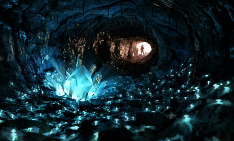 An artists rendering of unique crystals inside a cave. Shutterstock.