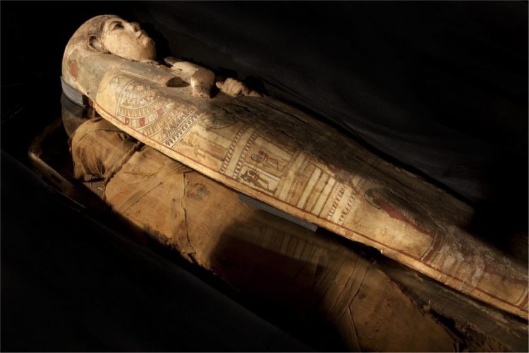 An image showing the mummified remains of Ta-Kr--Hb and her sarcophagus. Image Credit: Perth Museum.