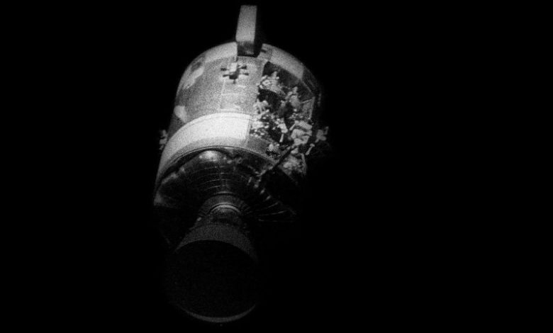An image of Apollo 13's damaged service module, seen from the command module Odyssey, as it was being jettisoned shortly before reentry. Image Credit: NASA / Wikimedia Commons / Public Domain.