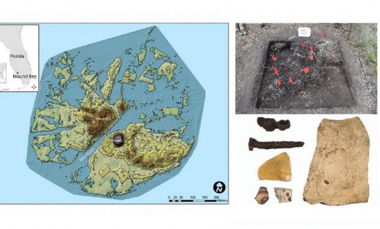 A collage showing the location of the lost fort as well as some of the artifacts recovered by archaeologists. Image Credit: Florida Museum.
